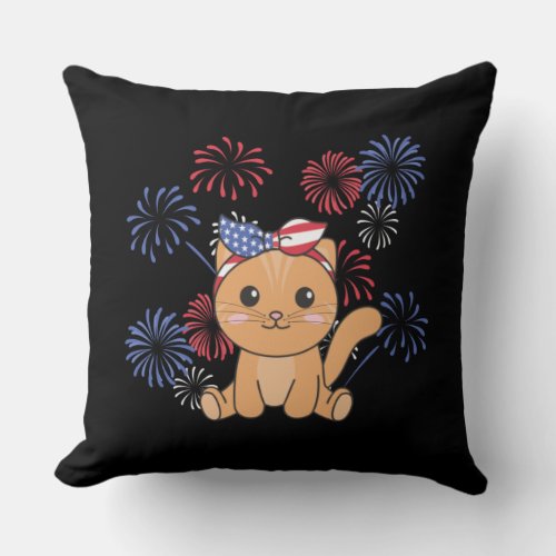 4th Of July American Cat For Kids Usa Fireworks Throw Pillow