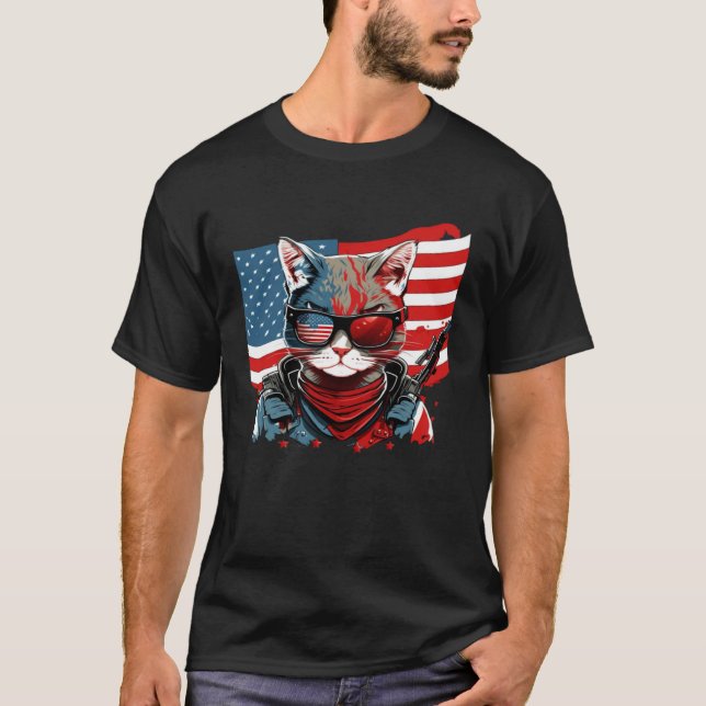 4th Of July American Flag Cat Military Kitten T-Shirt (Front)