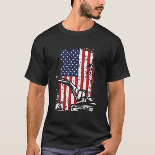 4Th Of July American Flag Construction Backhoe Exc T_Shirt
