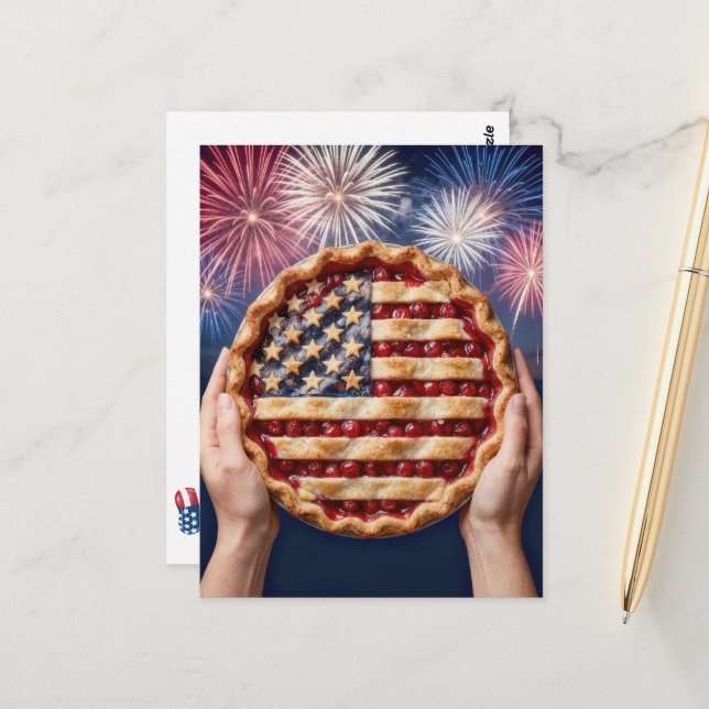 4th of July American Flag Crust on a Cherry Pie Postcard (Front/Back In Situ)