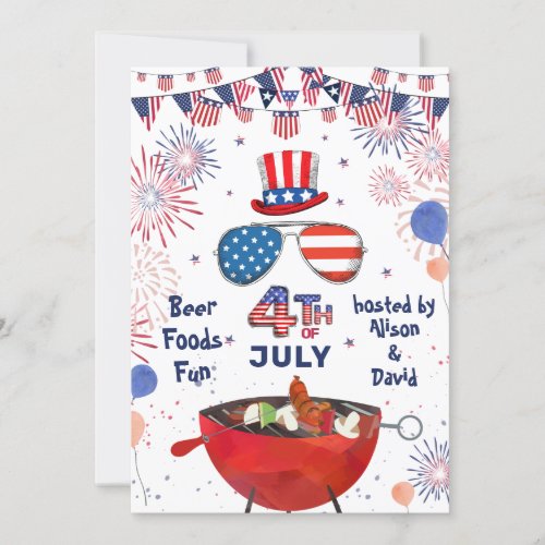 4th of JULY American Flag Fireworks BBQ Party Invitation