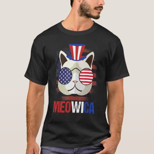 4th Of July American Flag Kitty Cat Meowica Gray S T_Shirt