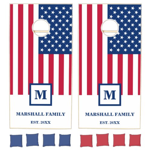 4th Of July American Flag Personalized Monogram Cornhole Set