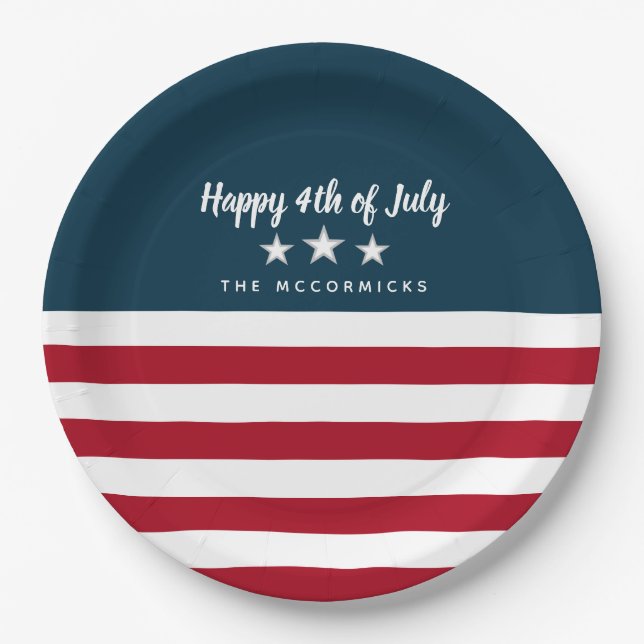 4th of July American Flag Personalized Party Paper Plates (Front)