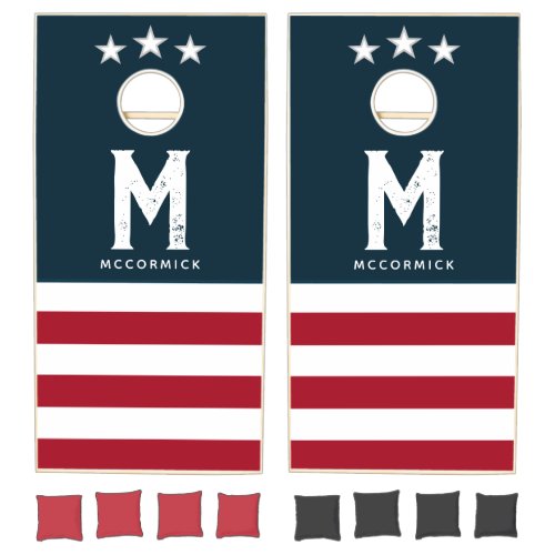 4th of July American Flag Rustic Family Monogram Cornhole Set