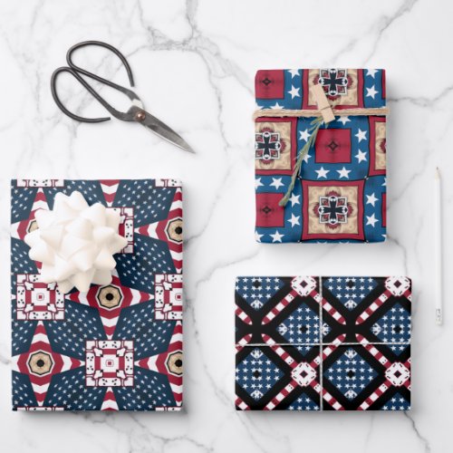 4TH OF JULY AMERICAN FLAG WRAPPING PAPER SET OF 3