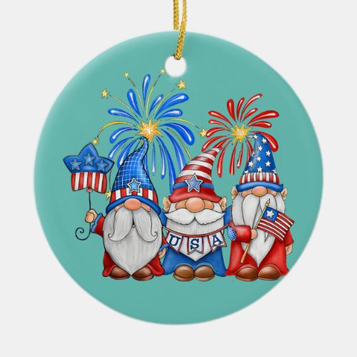 4th Of July American Gnomes Celebrating Ceramic Ornament
