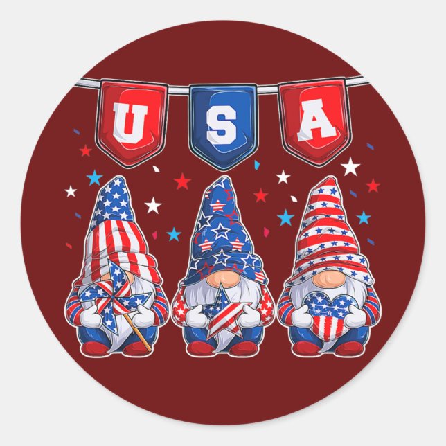 4th Of July American Gnomes Celebrating Classic Round Sticker (Front)