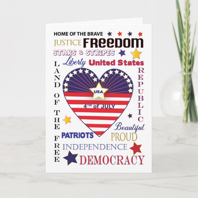 4th of July American Holiday Typography Heart Flag Card (Front)