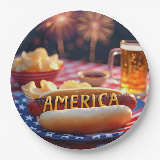 4th of July American Hot Dog and Beer Paper Plates (Front)