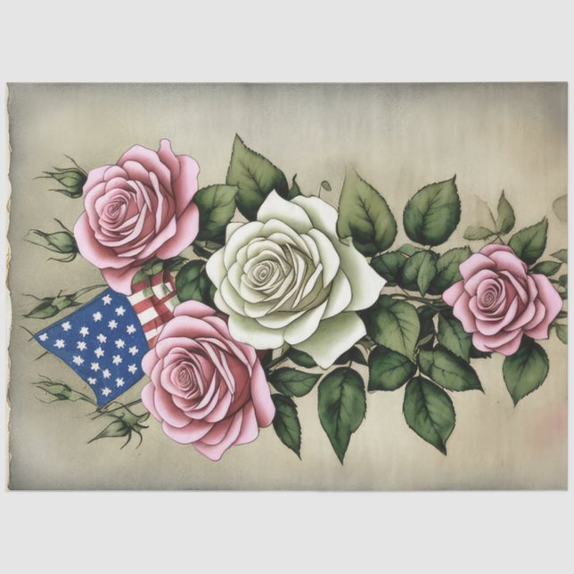 4th Of July American Independence Flag And Roses Tissue Paper (Front)