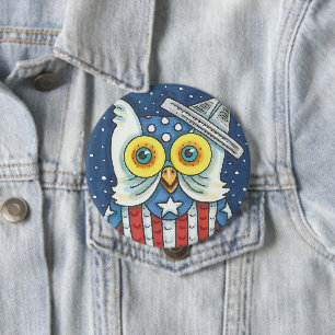4TH OF JULY AMERICAN OWL, BIRD BUTTON Round