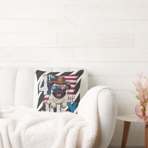 4TH OF JULY _ AMERICAN PUG IN COWBOY HAT THROW PILLOW