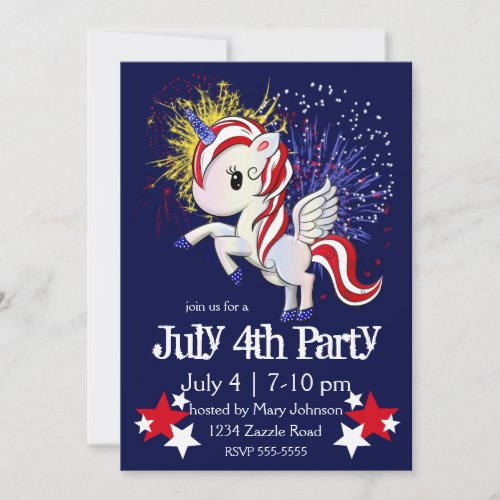 4th of July American Unicorn Pegasus Rainbow Invitation