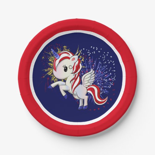 4th of July American Unicorn Pegasus Rainbow Paper Plates