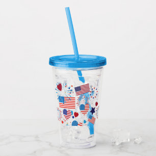 4th of July American USA Flag Heart Flag Fireworks Acrylic Tumbler