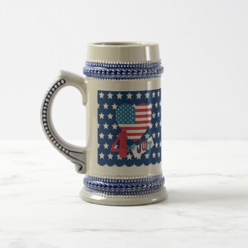 4th of July American USA Flag Heart Flag Fireworks Beer Stein