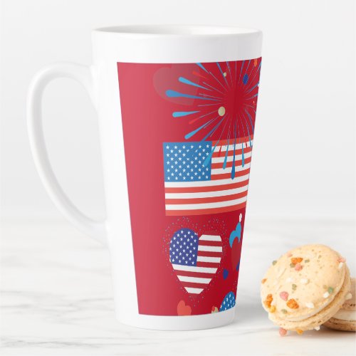 4th of July American USA Flag Heart Flag Fireworks Latte Mug