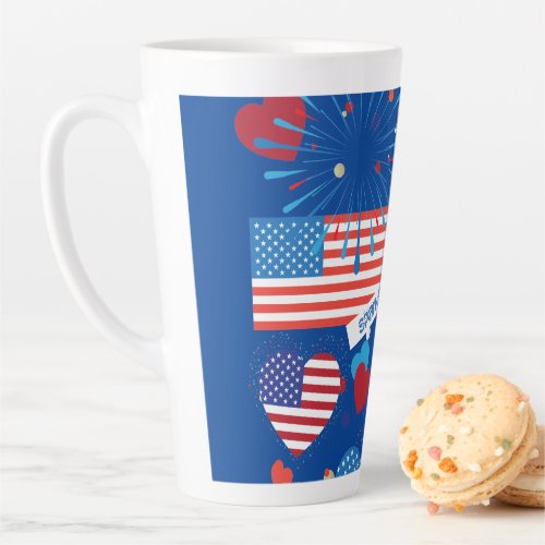 4th of July American USA Flag Heart Flag Fireworks Latte Mug