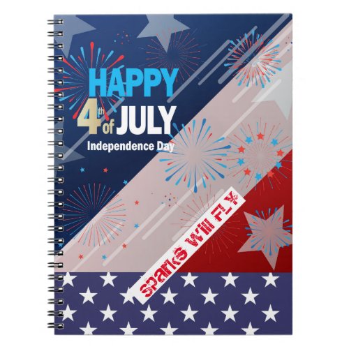 4th of July American USA Flag Heart Flag Fireworks Notebook