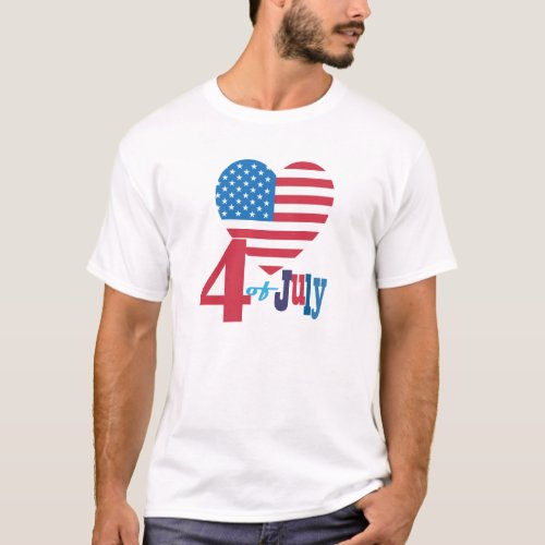 4th of July American USA Flag Heart Flag Fireworks T_Shirt