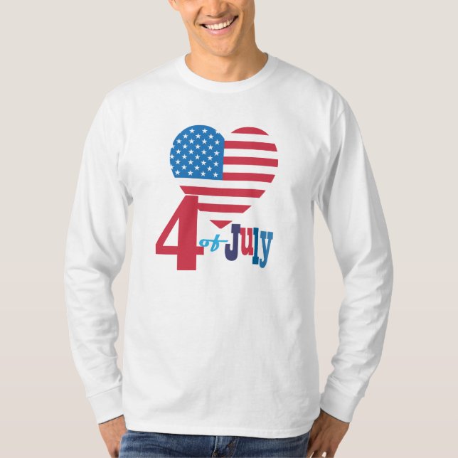 4th of July American USA Flag Heart Flag Fireworks T-Shirt (Front)