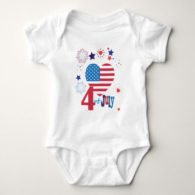 4th of July American USA Flag Heart Flag Patriotic Baby Bodysuit (Front)