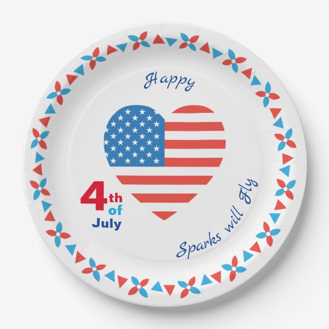 4th of July American USA Flag Heart Patriotic Paper Plates (Front)