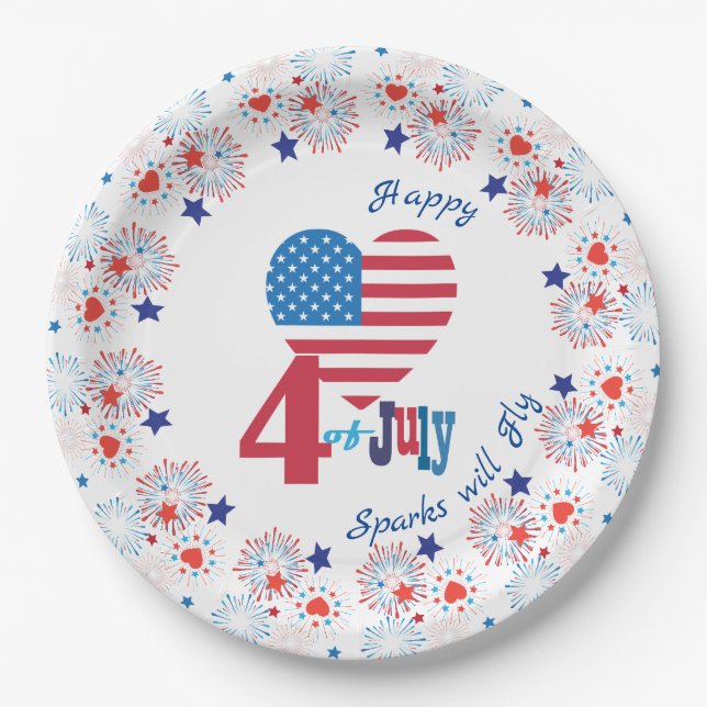 4th of July American USA Flag Heart Patriotic Paper Plates (Front)