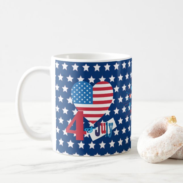 4th of July American USA Flag Heart Star Fireworks Coffee Mug (With Donut)