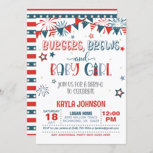 4th of July Baby Q Baby Shower _ Girl Invitation