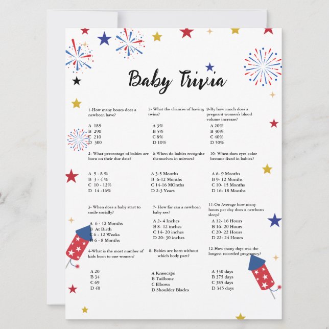 4th of july baby trivia game baby shower game (Front)