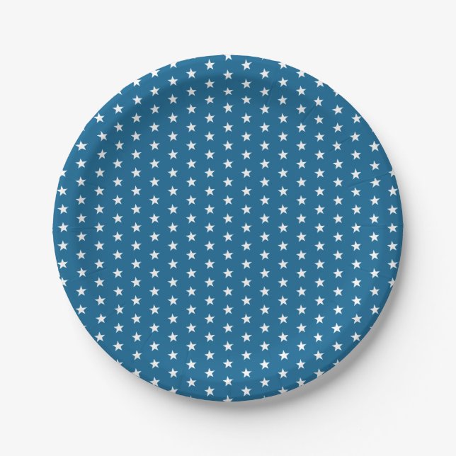4th of July Backyard BBQ Party Blue White Star Paper Plates (Front)
