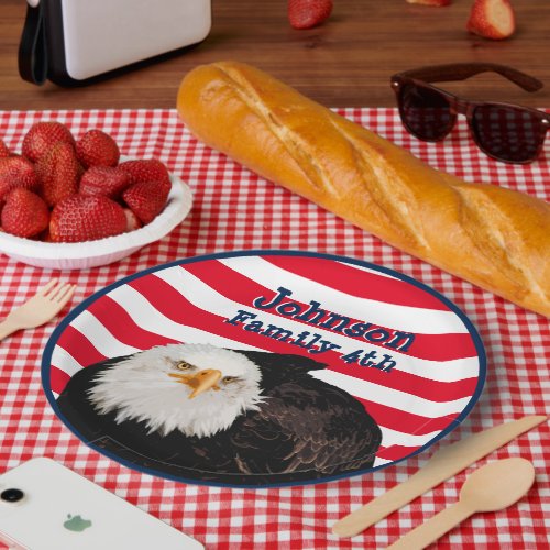 4th Of July Bald Eagle USA Flag Stripe Family Name Paper Plates