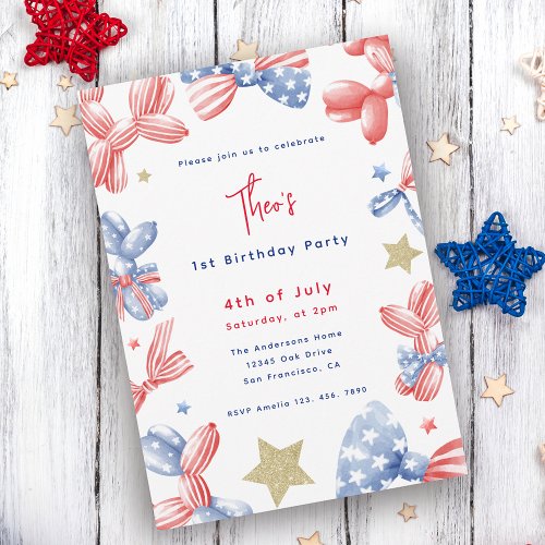 4th of July Balloon Baby Boy 1st Birthday Party Invitation