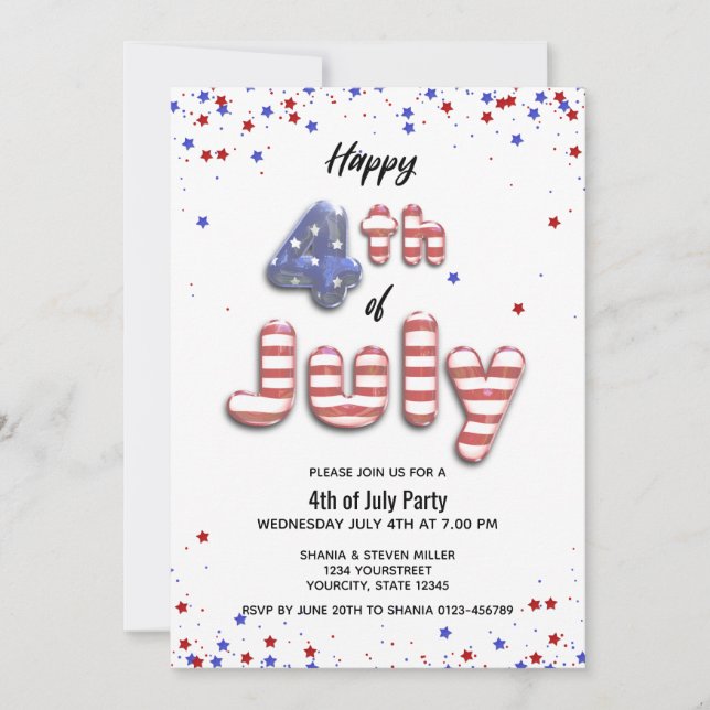 4th of July Balloon Stars Stripes Party Invitation (Front)