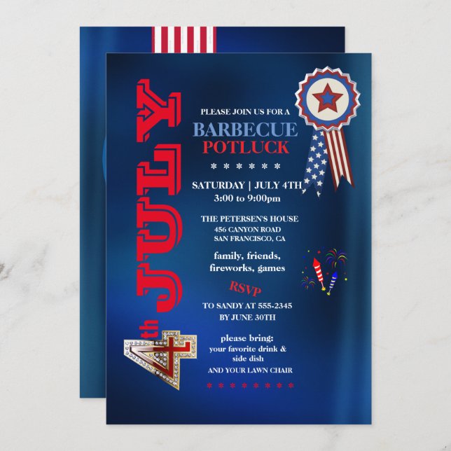4th of July Barbecue Potluck Party  Invitation (Front/Back)