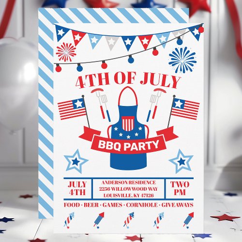 4th Of July Barbeque Apron Light Blue BBQ Party  Invitation