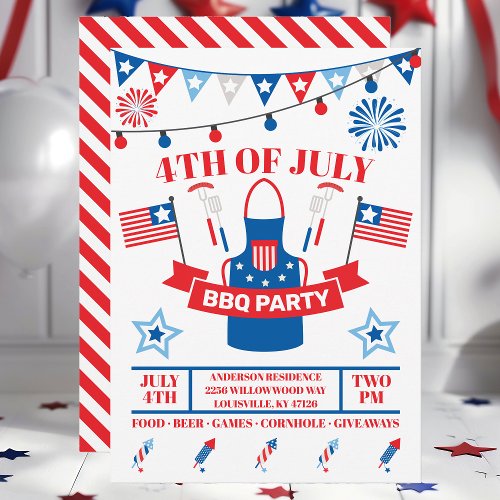 4th Of July Barbeque Apron Red BBQ Party  Invitation