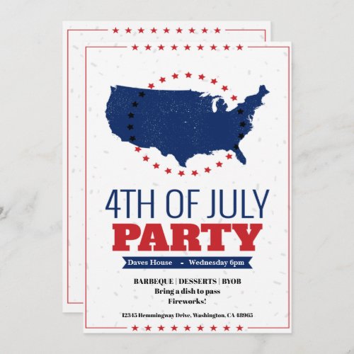 4th of July Barbeque Party Invitation America Map
