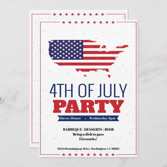 4th of July Barbeque Party Invitation America Map (Front/Back)