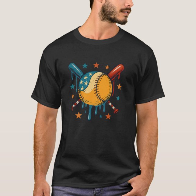 4th of July Baseball Drip Patriotic American Flag  T-Shirt (Front)