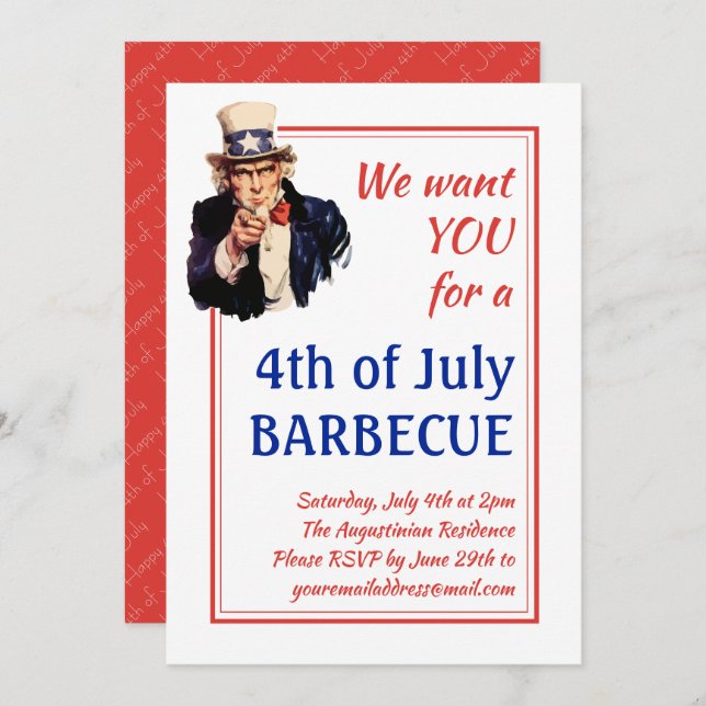 4TH OF JULY BBQ BARBECUE Uncle Sam Customized RED Invitation (Front/Back)