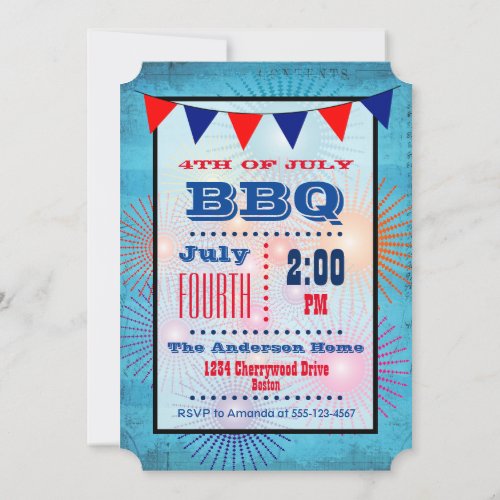 4th of July BBQ Flag and Fireworks Invitation