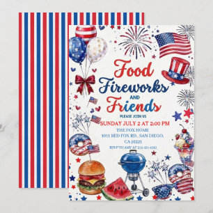 4th Of July BBQ Food Friend and Firework Invitation