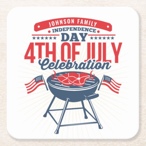 4TH of July BBQ Grill Personalized Family Reunion  Square Paper Coaster