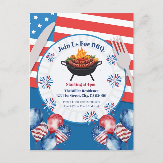 4th Of July BBQ Invitation, Party In USA Invite (Front)