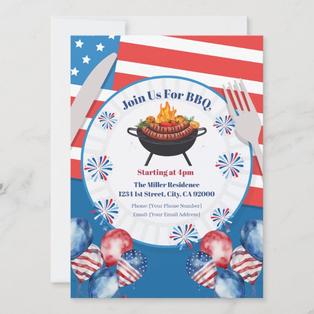 4th Of July BBQ Invitation, Party In USA Invite (Front)