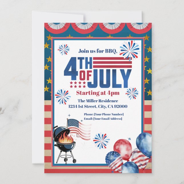4th Of July BBQ Invitation, Party In USA Invite (Front)