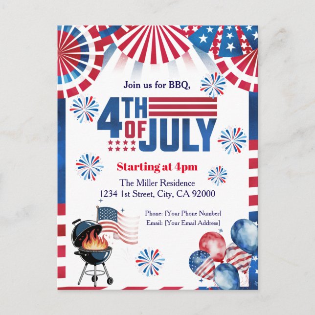 4th Of July BBQ Invitation, Party In USA Invite (Front)